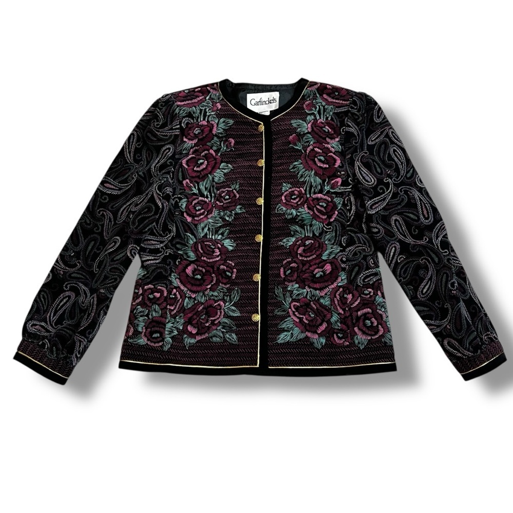Vintage Garfinckels Velvet Blazer Jacket Floral Print Cropped Japan Size Large
